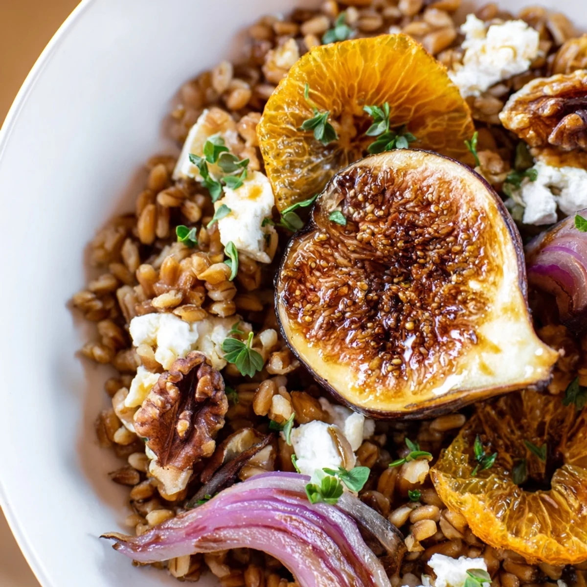 Warm caramelized figs and juicy orange segments nestled in a fluffy roasted fig orange thyme farro grain salad
