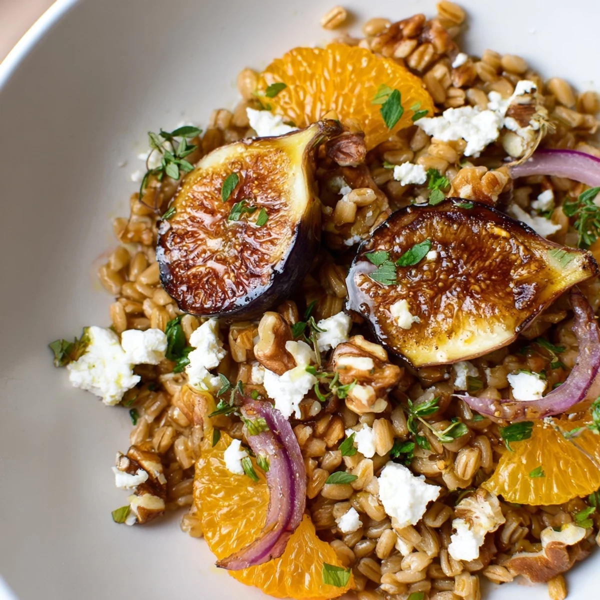 Roasted fig orange thyme farro grain salad drizzled with tangy citrus dressing and finished with fresh parsley