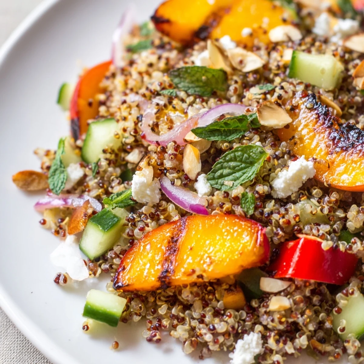 Colorful grilled apricot chili basil quinoa grain salad tossed in a bright lemon herb dressing