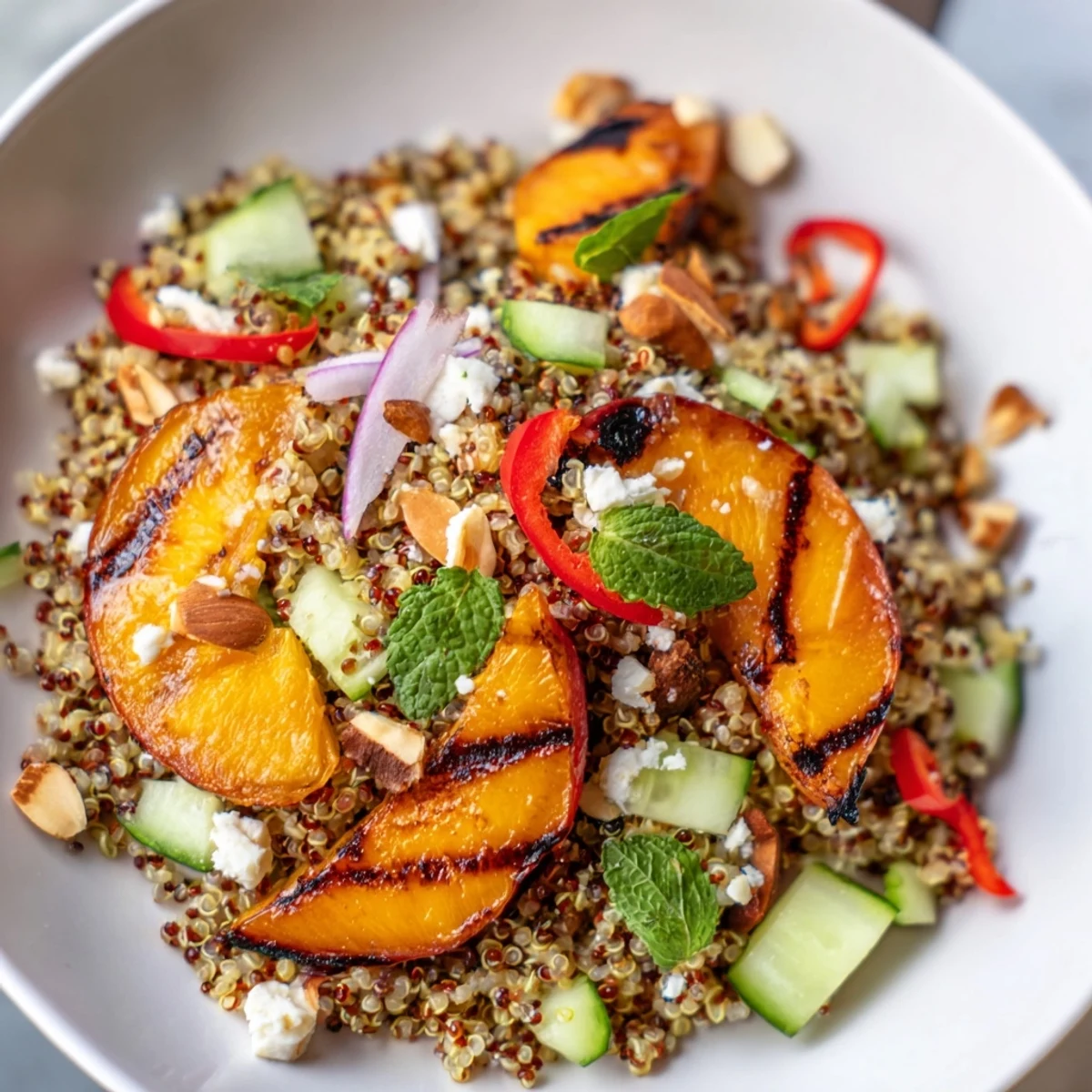 Warm grilled apricot chili basil quinoa grain salad topped with crumbled feta and toasted almonds