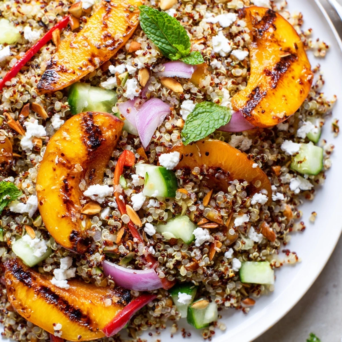 Smoky sweet grilled apricot chili basil quinoa grain salad served fresh on a rustic summer platter