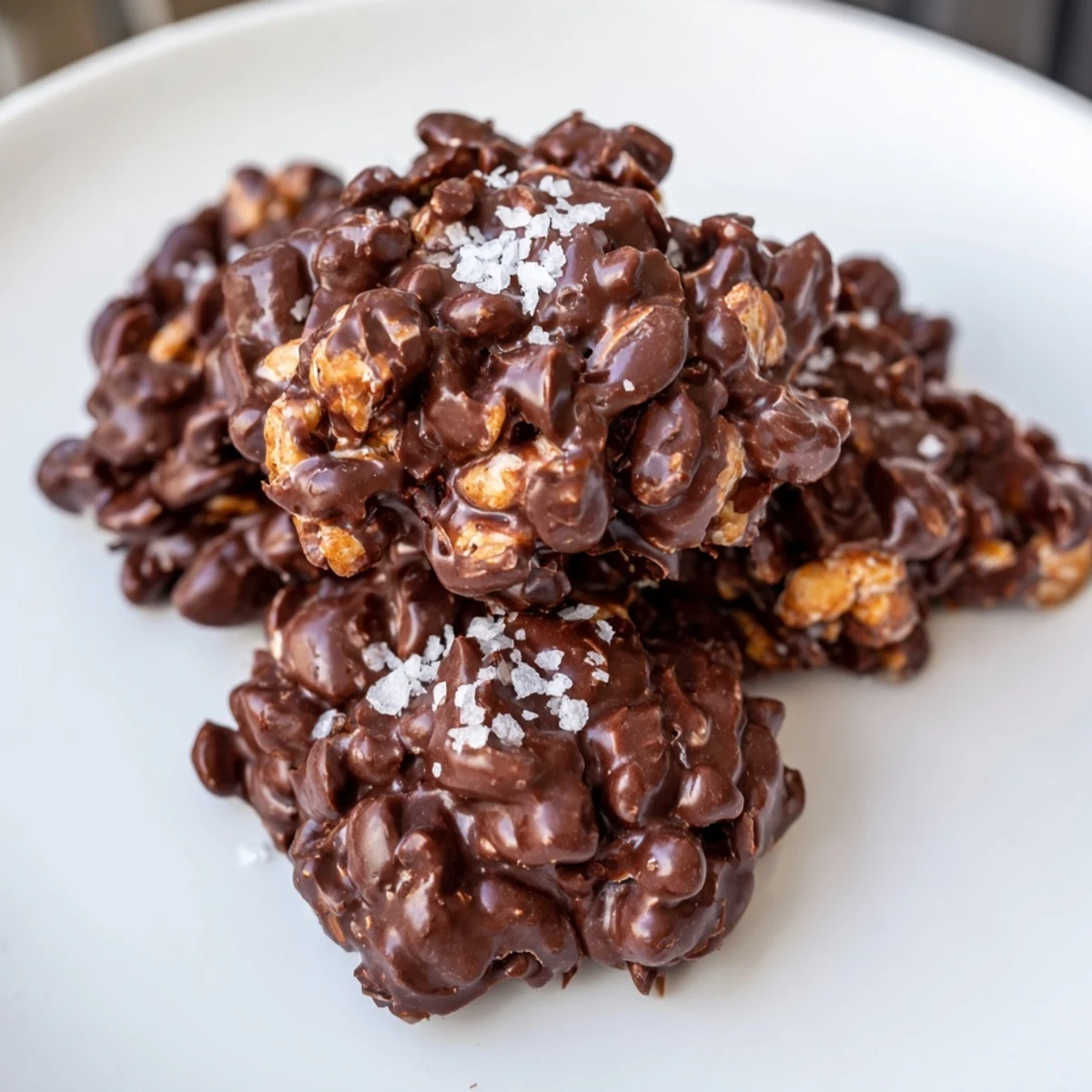 Dark chocolate almond coconut crunch clusters piled on parchment with a flaky sea salt finish
