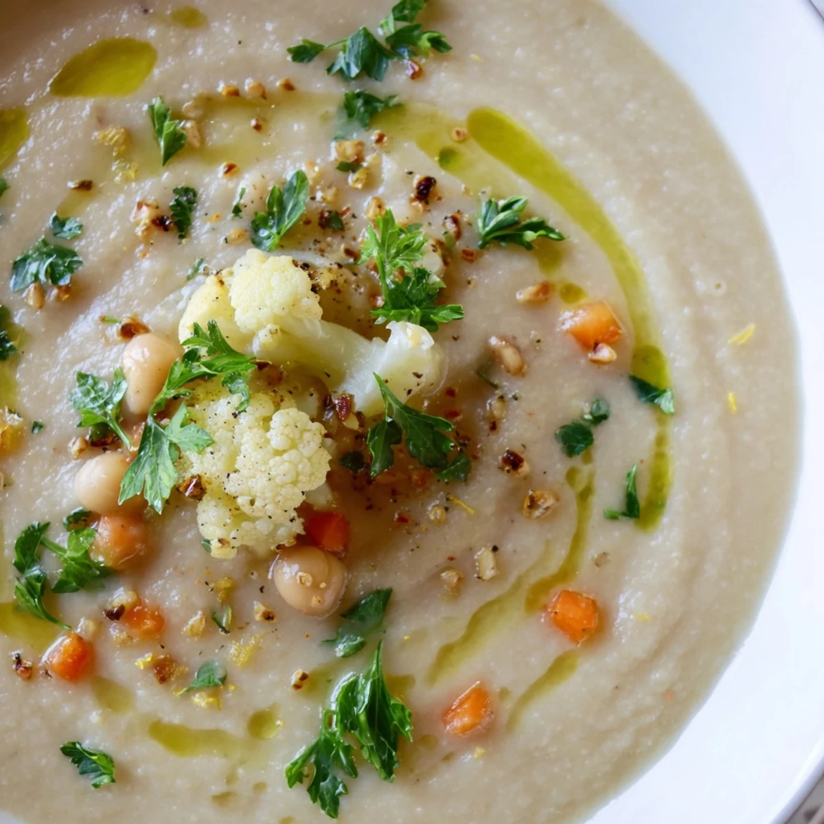 Creamy roasted cauliflower stem and white bean soup garnished with fresh parsley and a golden olive oil drizzle