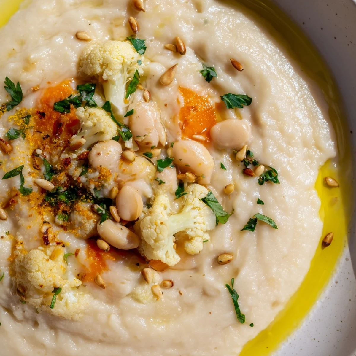 Velvety white bean and roasted cauliflower stem hearty soup ladled into a rustic bowl with crusty bread