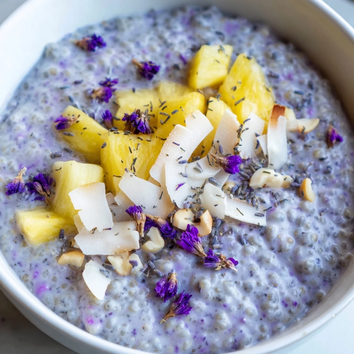 Creamy pineapple coconut lavender chia breakfast bowl topped with fresh golden pineapple chunks and toasted coconut