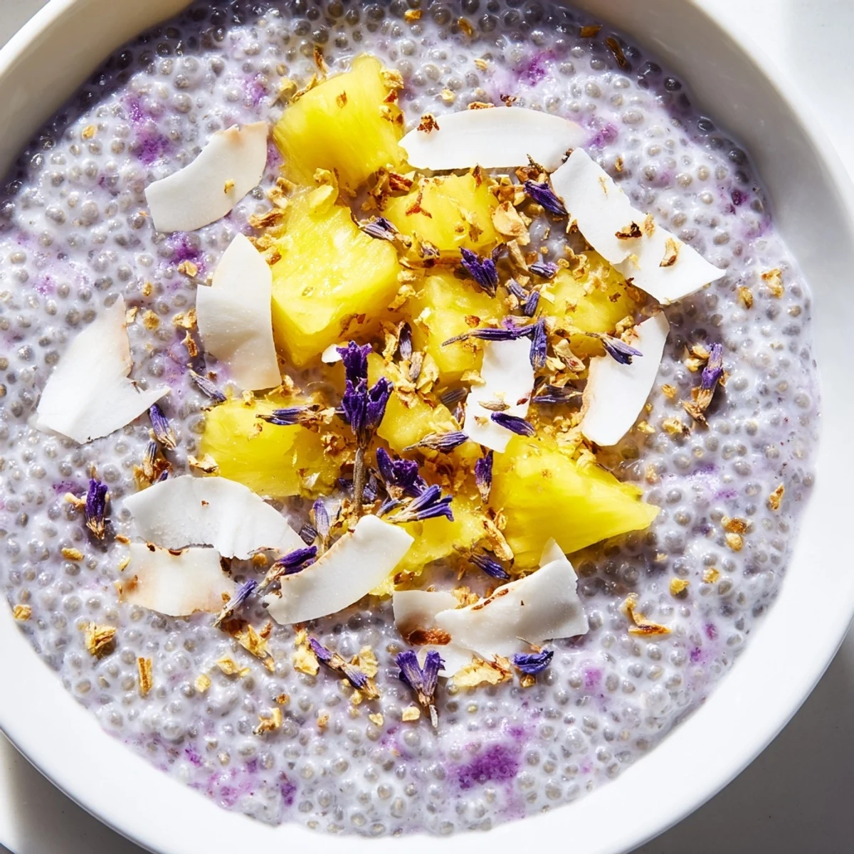 Tropical pineapple coconut lavender chia breakfast bowl served in white dish with purple lavender garnish