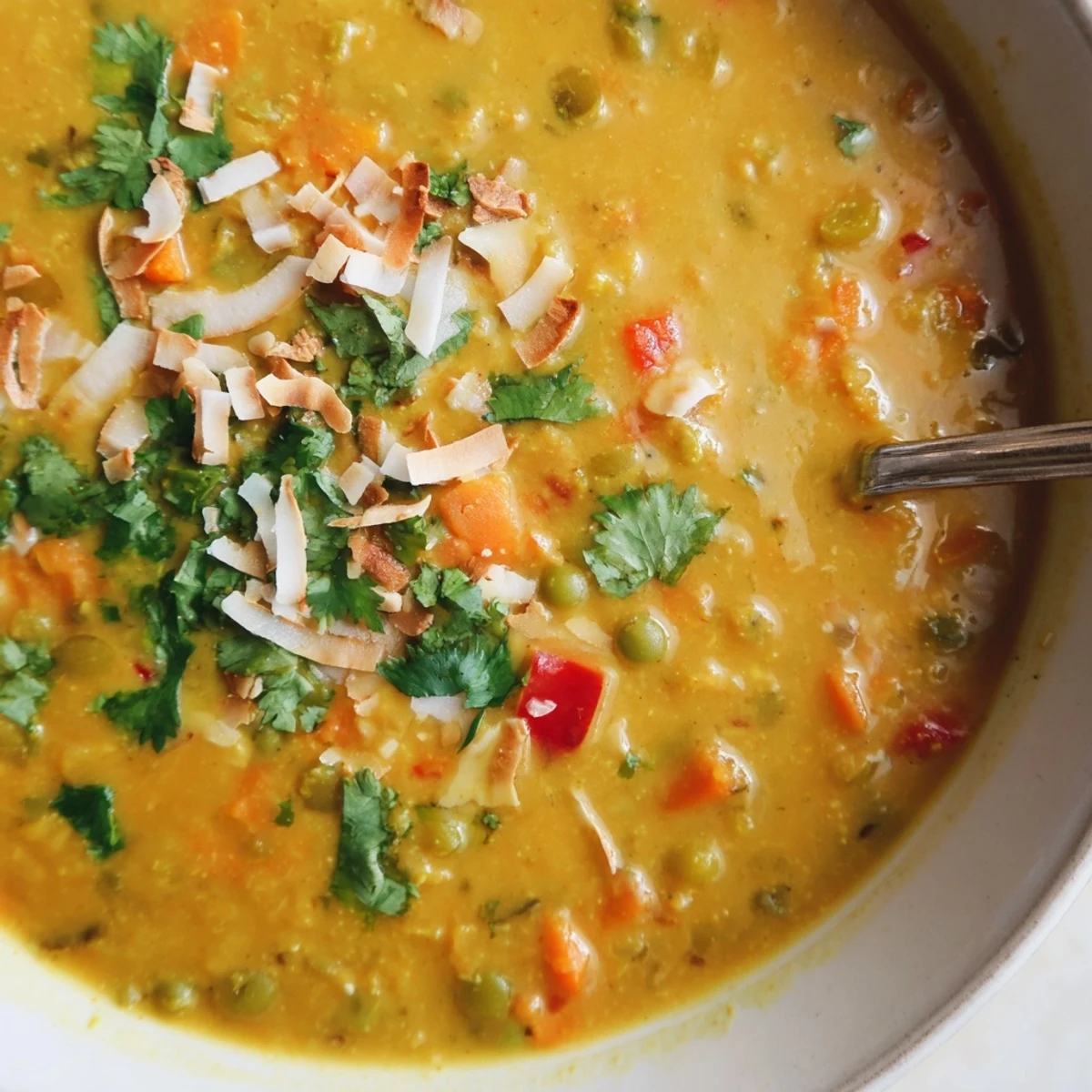 Creamy spiced coconut tomato green split pea hearty soup topped with fresh cilantro and coconut flakes