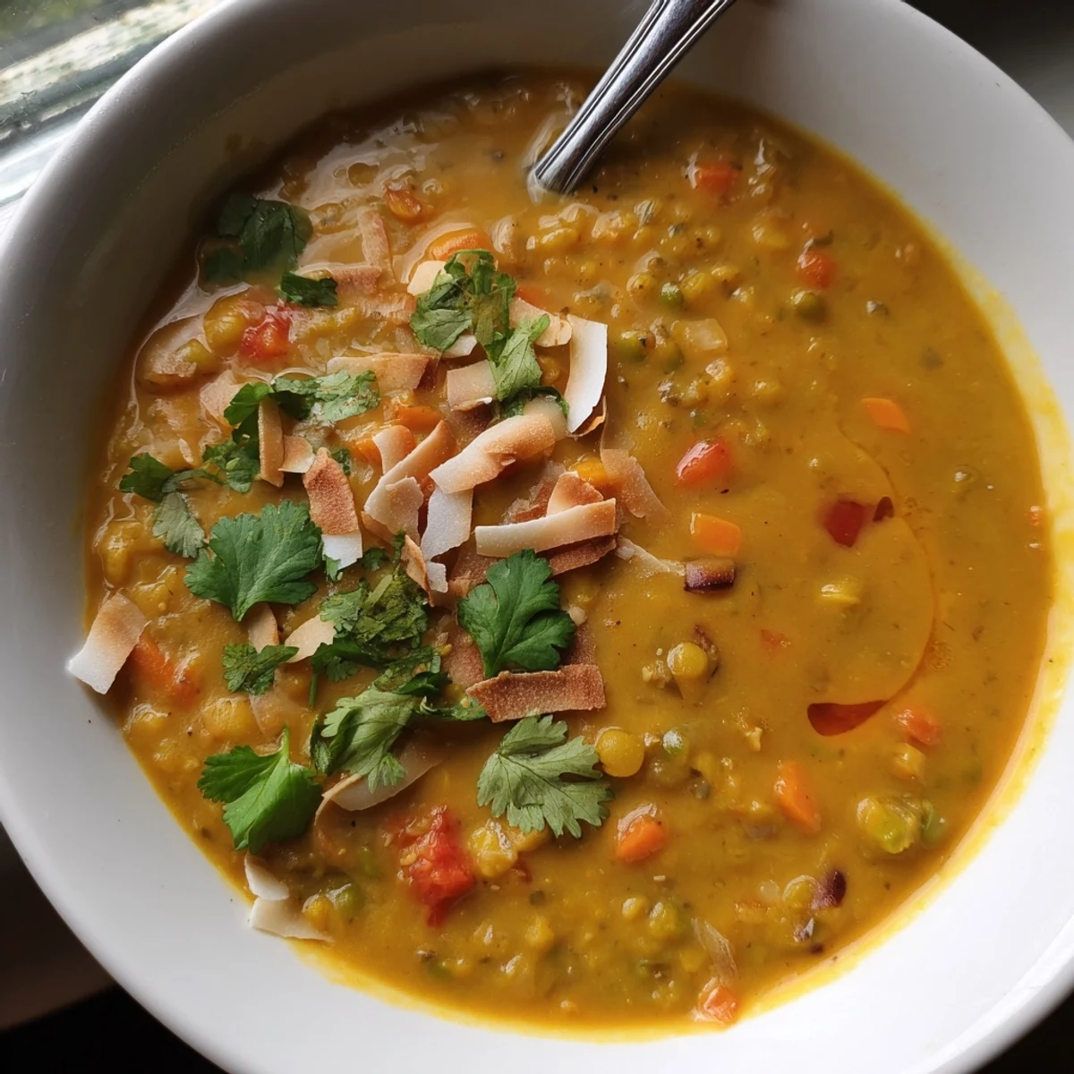 Steaming bowl of spiced coconut tomato green split pea hearty soup with golden broth and vegetables