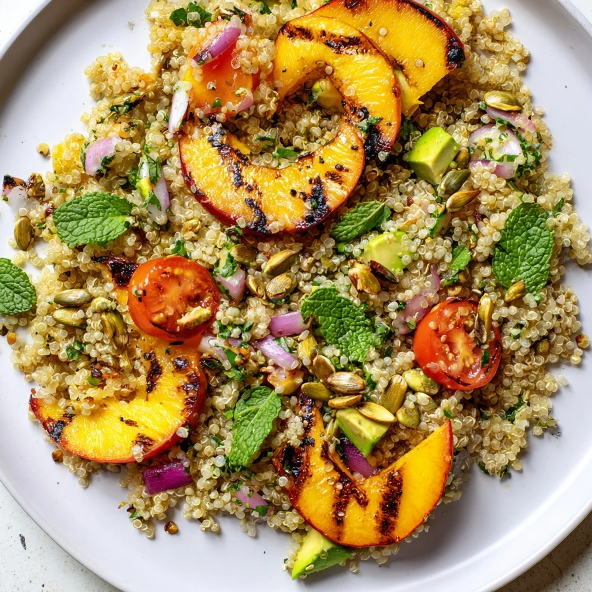 Colorful grilled peach cilantro jalapeño quinoa grain salad topped with toasted pumpkin seeds and creamy avocado chunks