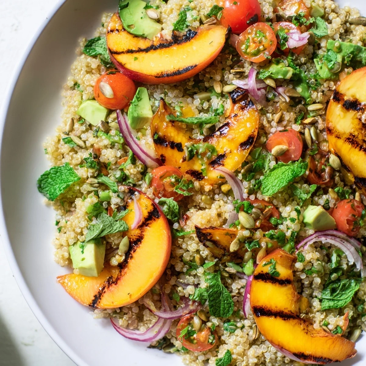 Smoky grilled peach slices nestled in a vibrant cilantro jalapeño quinoa grain salad with zesty lime drizzle
