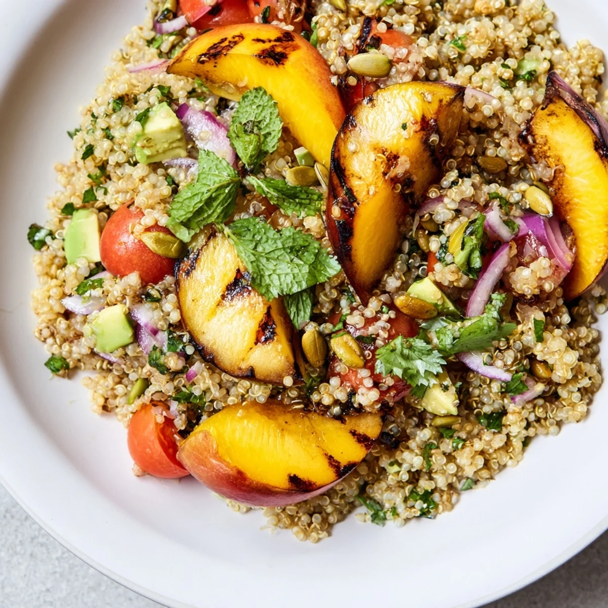Close-up of grilled peach cilantro jalapeño quinoa grain salad in a rustic bowl with fresh herbs and cherry tomatoes