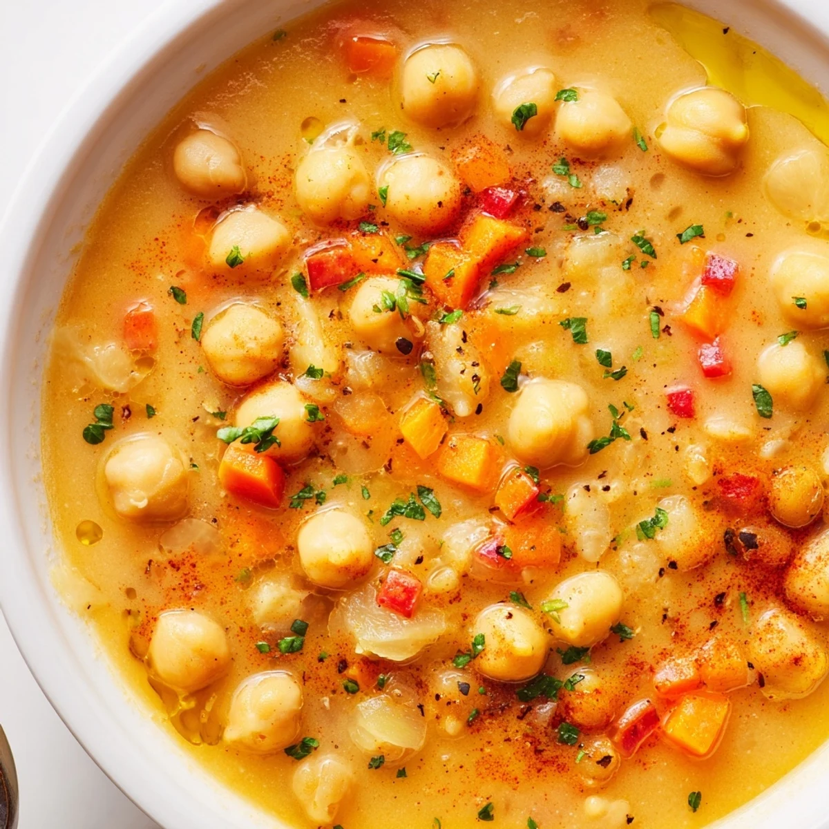 Smoky chickpea and roasted garlic hearty soup topped with fresh parsley