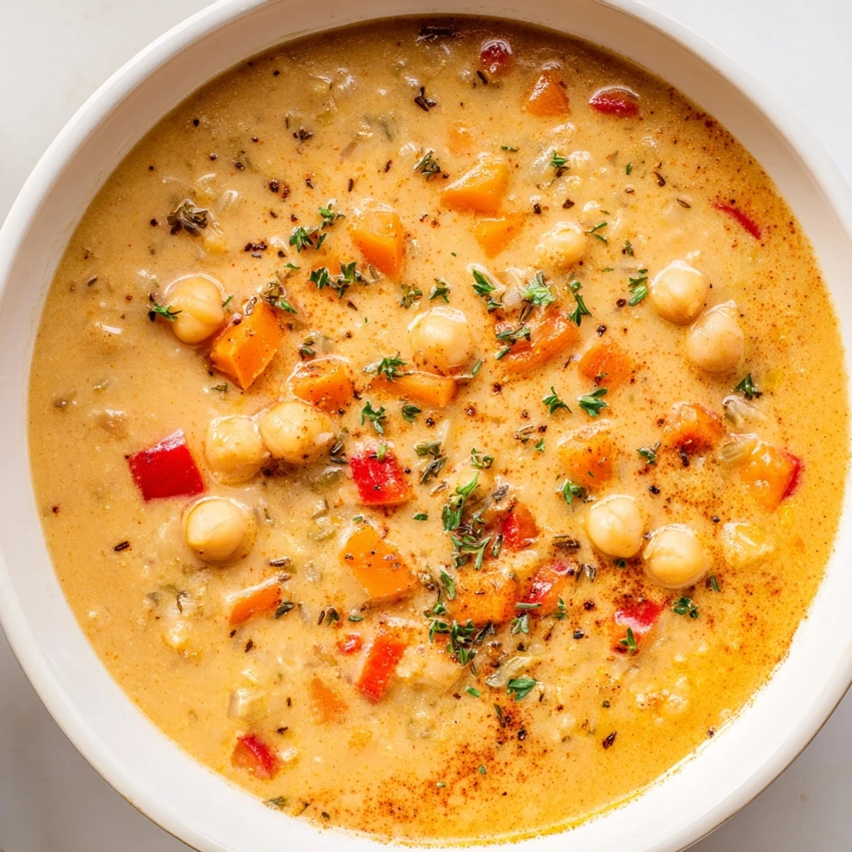 A steaming bowl of smoky chickpea and roasted garlic hearty soup with crusty bread