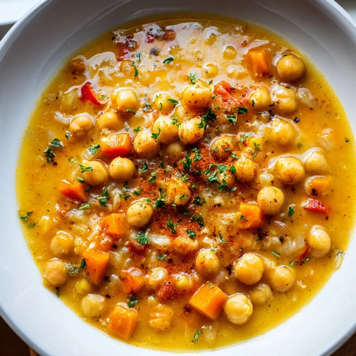Creamy smoky chickpea and roasted garlic hearty soup garnished with olive oil drizzle