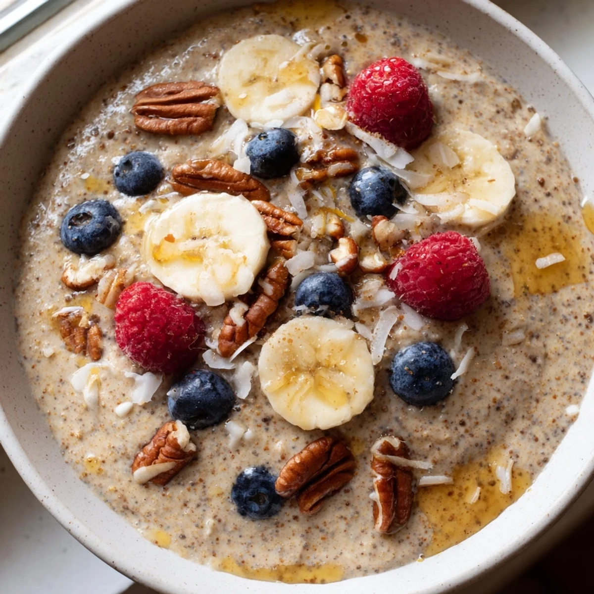 Vanilla Maple Teff Porridge Breakfast Bowl topped with fresh berries and toasted nuts