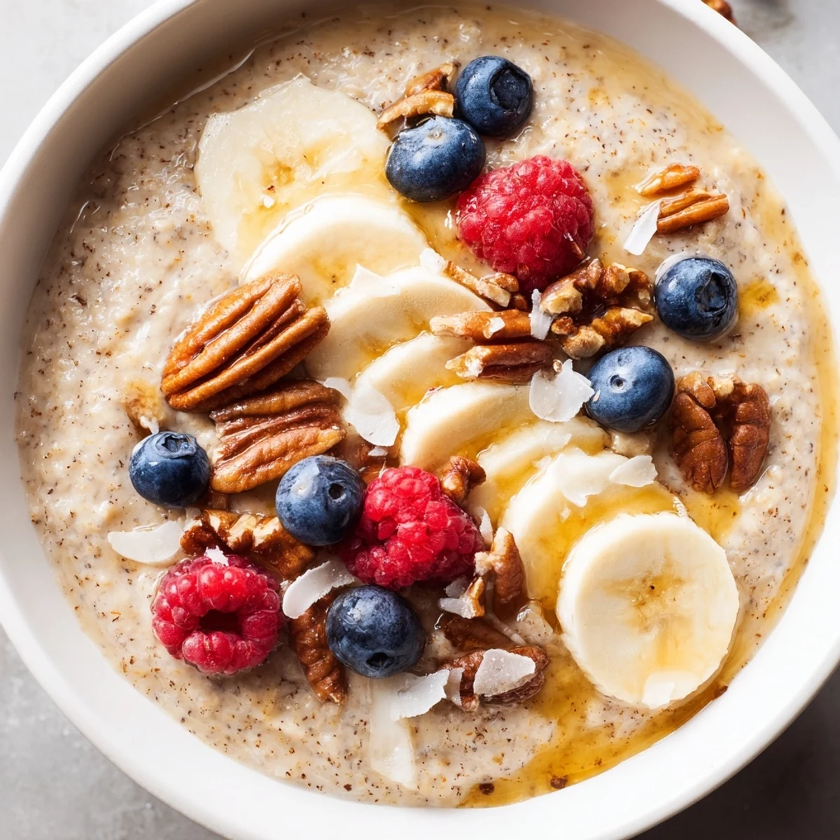 Creamy Vanilla Maple Teff Porridge served warm in a bowl with sliced banana