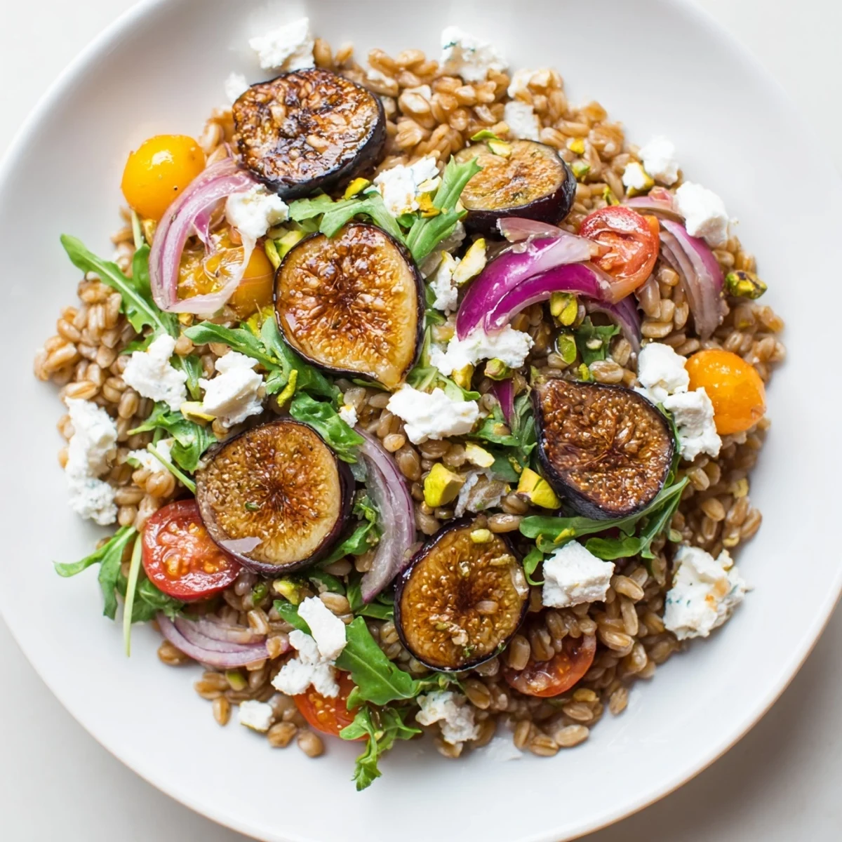 Caramelized roasted figs nestled among nutty farro greens and bright lemon herb dressing in a shallow bowl