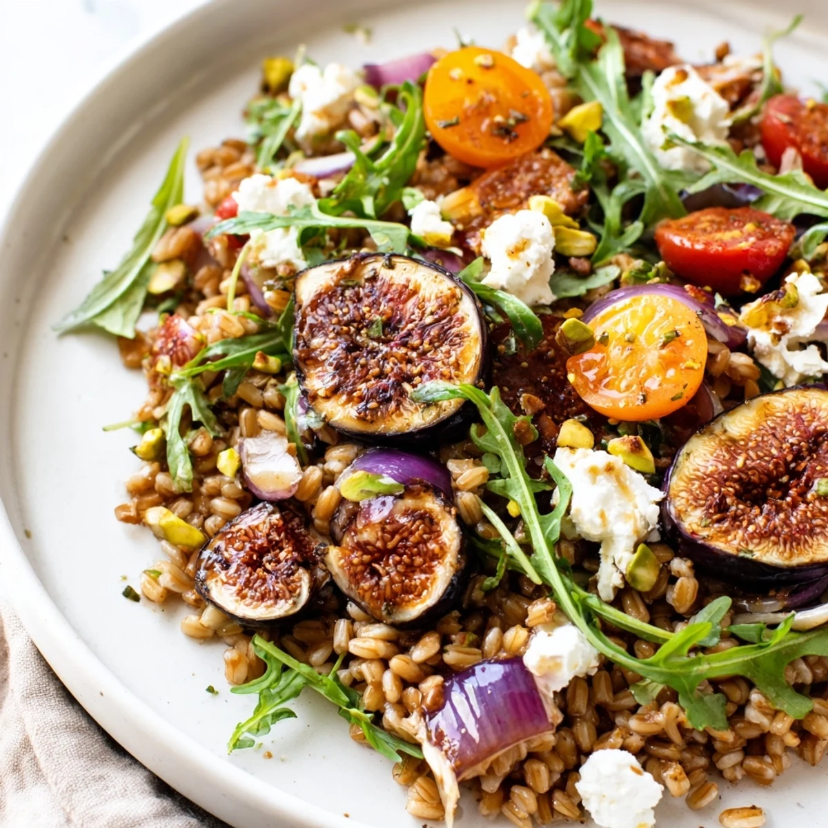 Golden roasted figs scattered over fluffy farro with arugula cherry tomatoes and a zesty lemon thyme vinaigrette