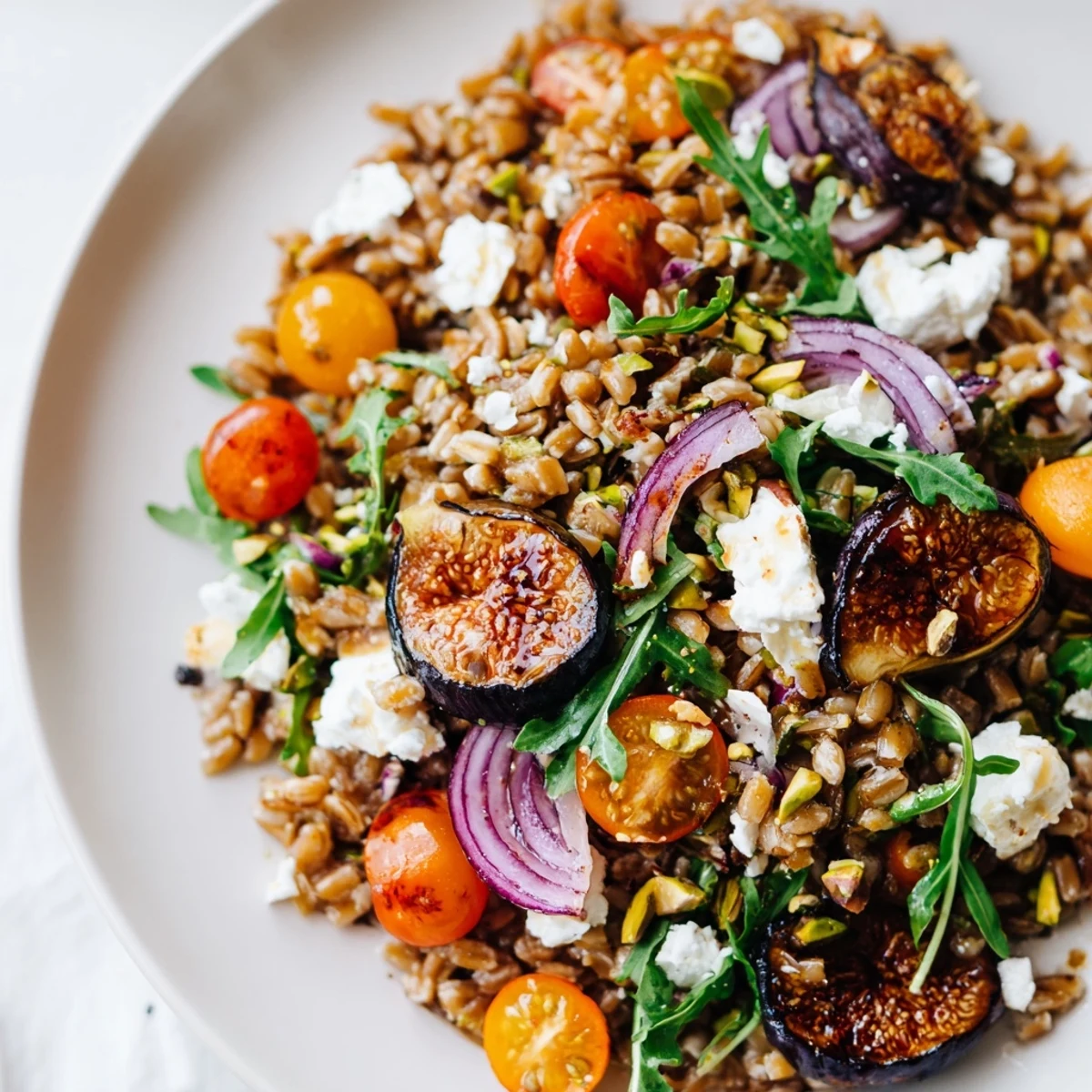 Roasted Fig Lemon Thyme Farro Grain Salad topped with crumbled feta and toasted pistachios on a rustic platter