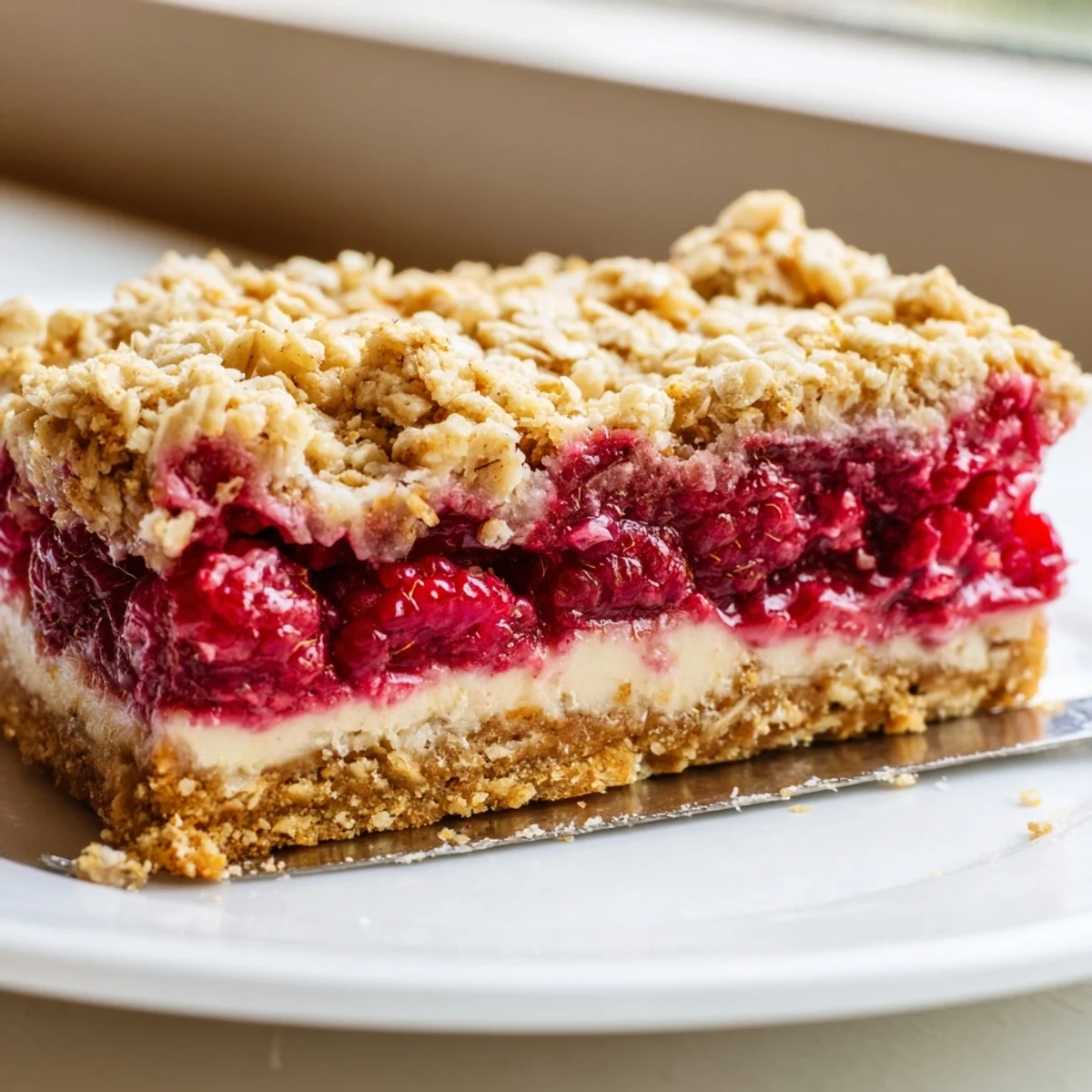 Golden oat crumble topping on raspberry vanilla cashew cream crumble bars with vibrant jam