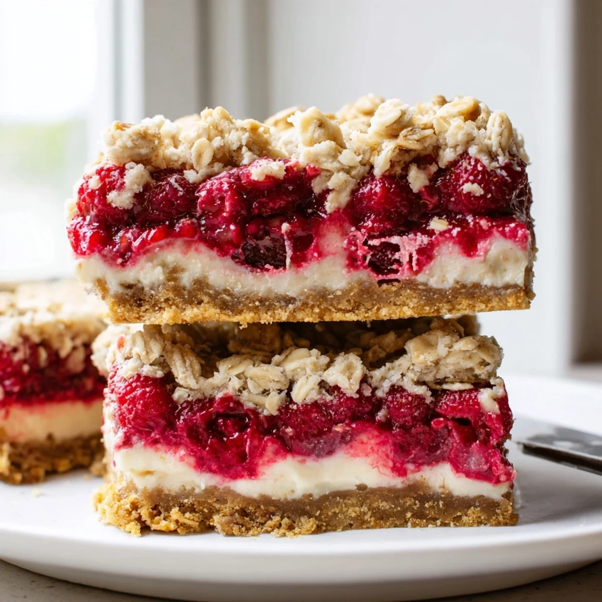 Creamy cashew layer beneath bright raspberry filling in vanilla cashew cream crumble bars