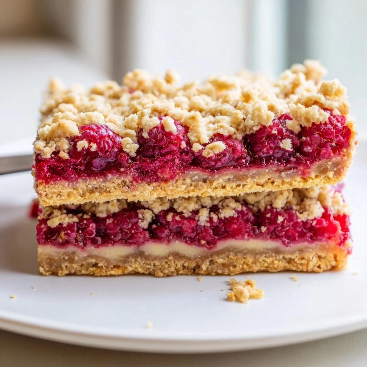 Raspberry vanilla cashew cream crumble bars sliced to reveal layers of fruit and cream