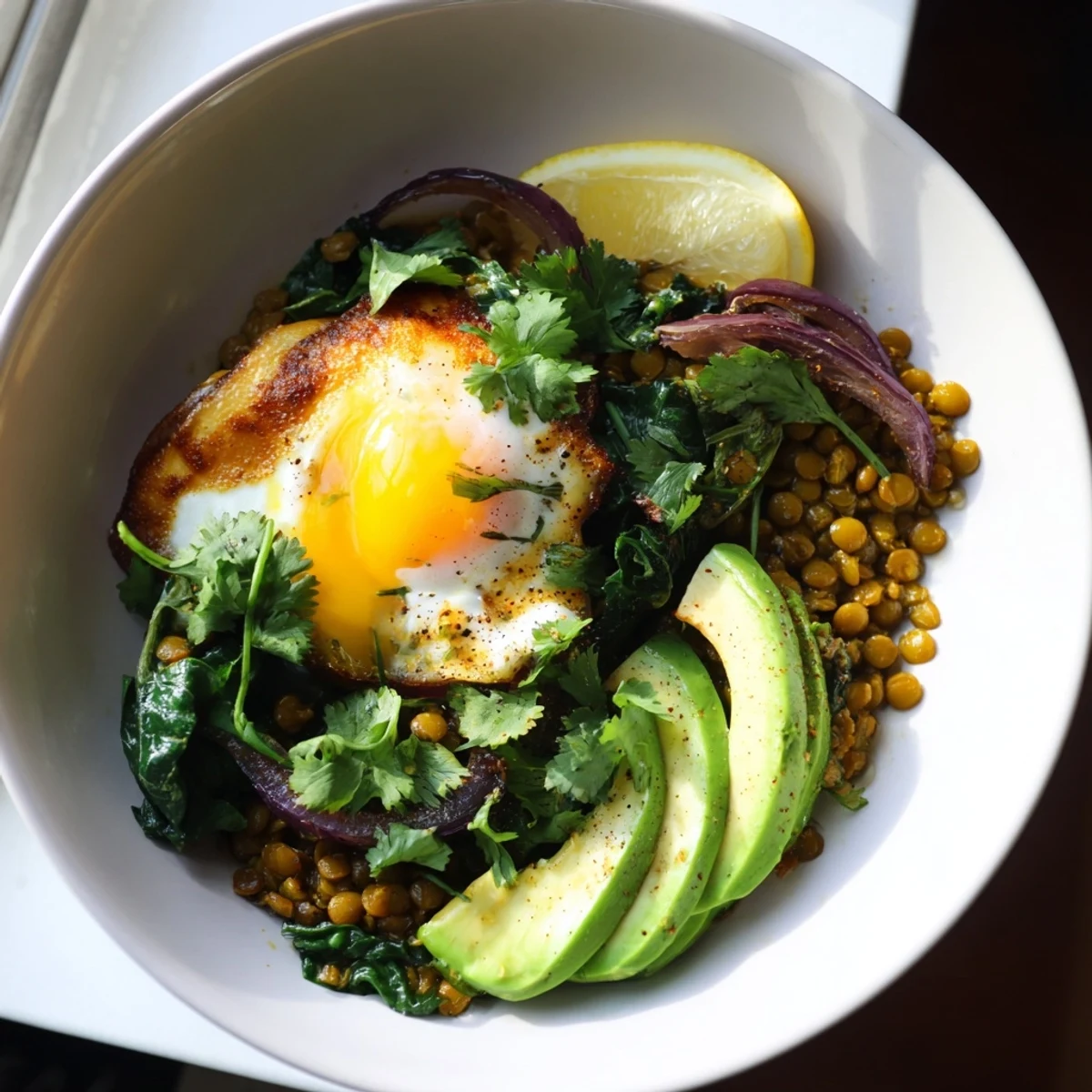 Golden turmeric lentil breakfast bowl topped with sautéed Swiss chard and a fried egg