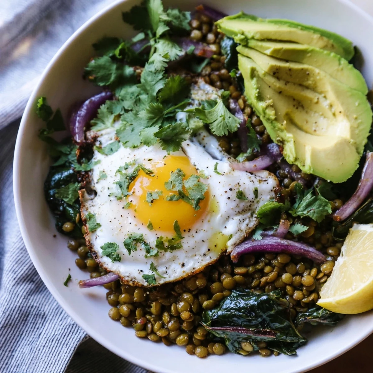 Hearty turmeric lentil and Swiss chard breakfast bowl served with creamy avocado slices