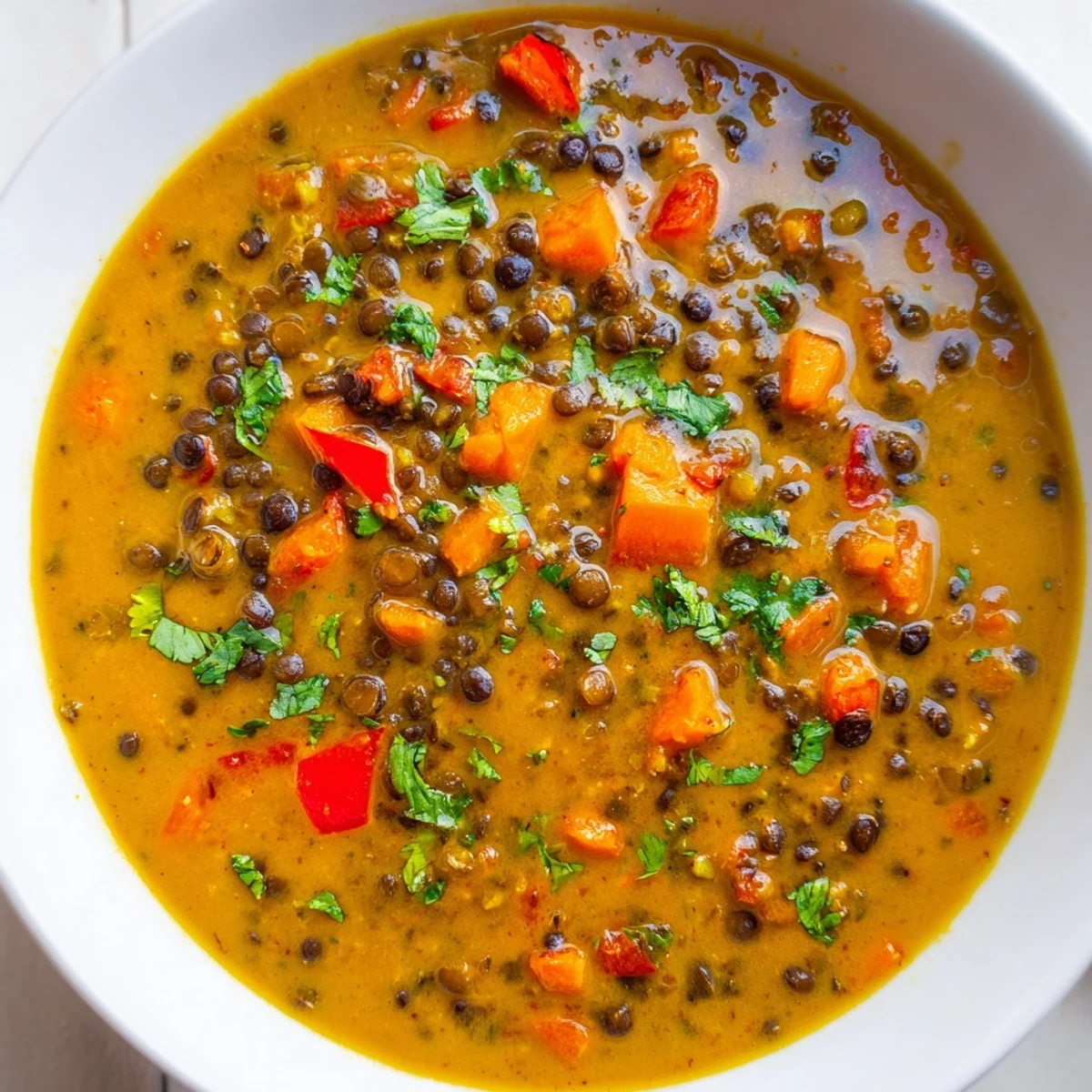 Creamy Spiced Coconut Tomato Black Lentil Soup topped with fresh cilantro in a rustic bowl