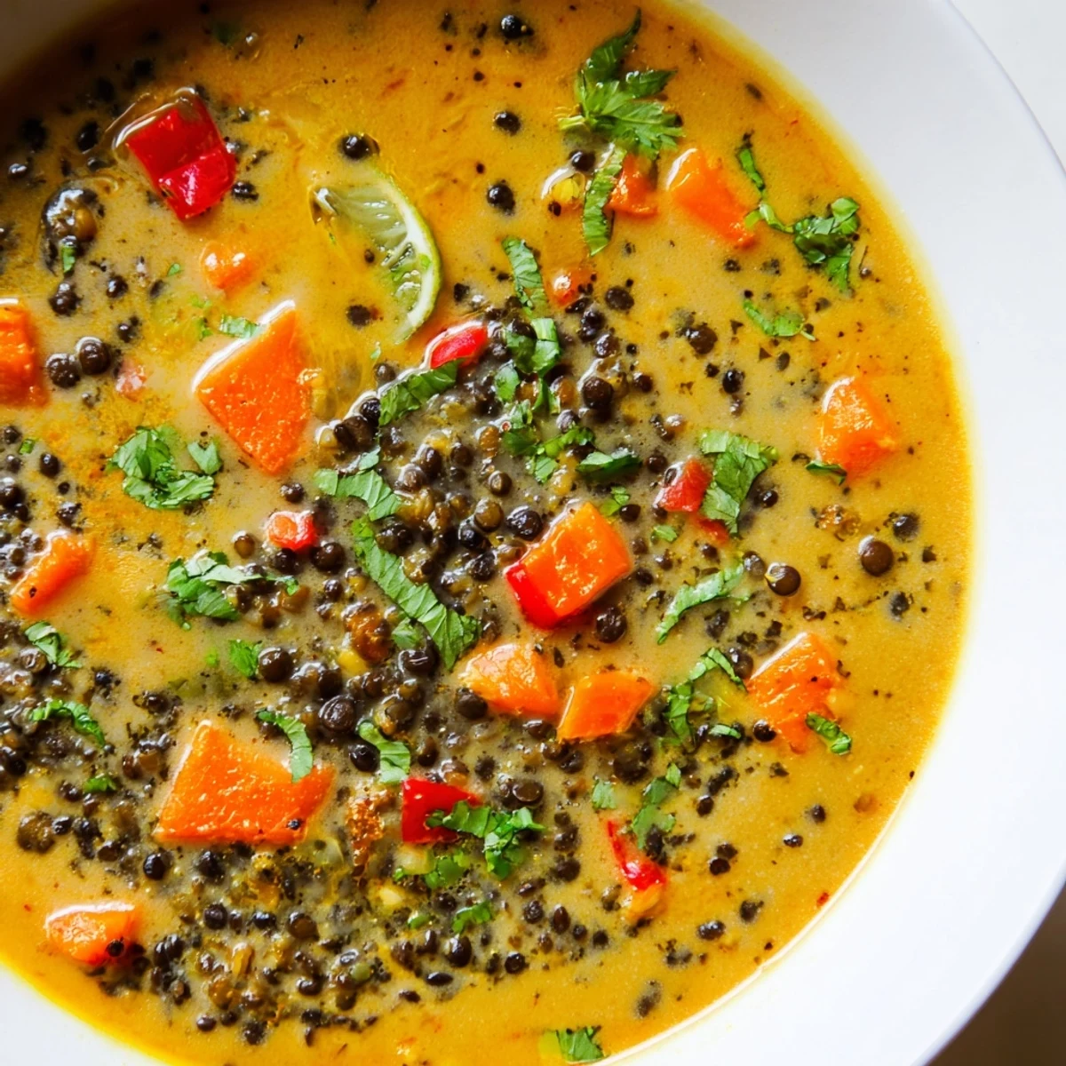 Thick golden coconut broth with tender black lentils and diced vegetables served with crusty bread