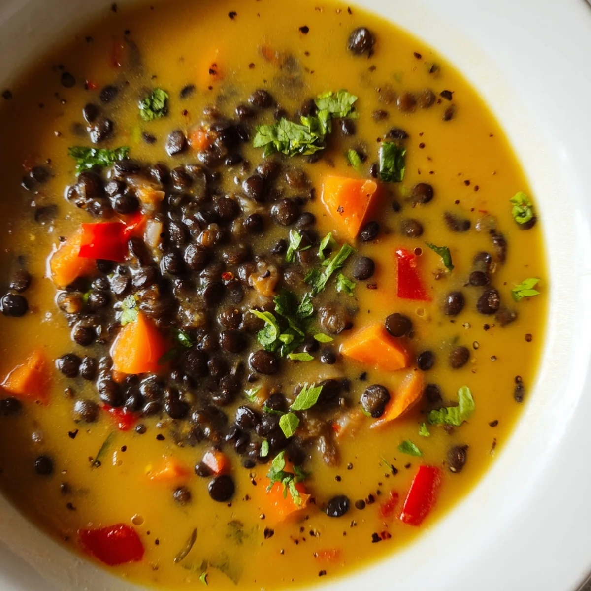 Hearty black lentil soup with coconut milk and tomatoes steaming in a ceramic mug