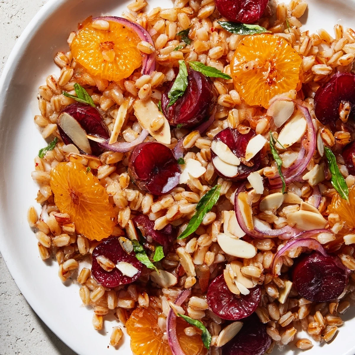 Roasted Cherry Orange Basil Farro Grain Salad topped with toasted almonds in a rustic bowl
