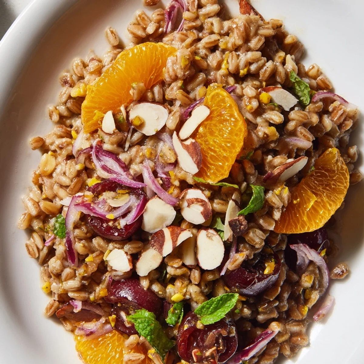 Golden farro tossed with roasted cherries, fresh orange segments, and fragrant torn basil leaves