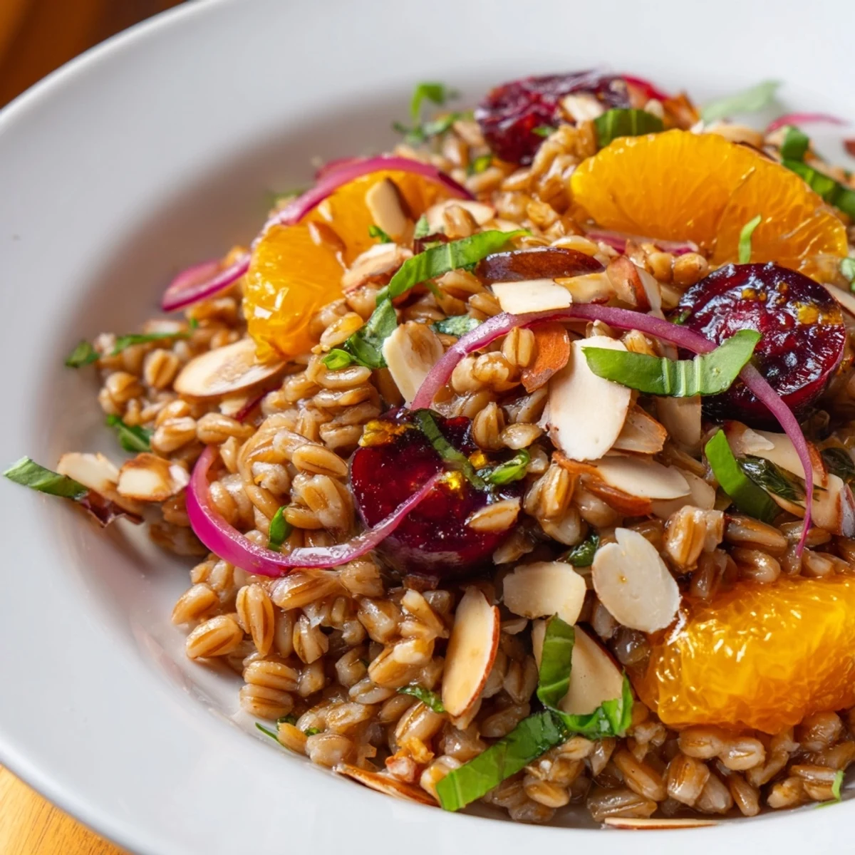 Vibrant Roasted Cherry Orange Basil Farro Grain Salad drizzled with citrus dressing on a white platter