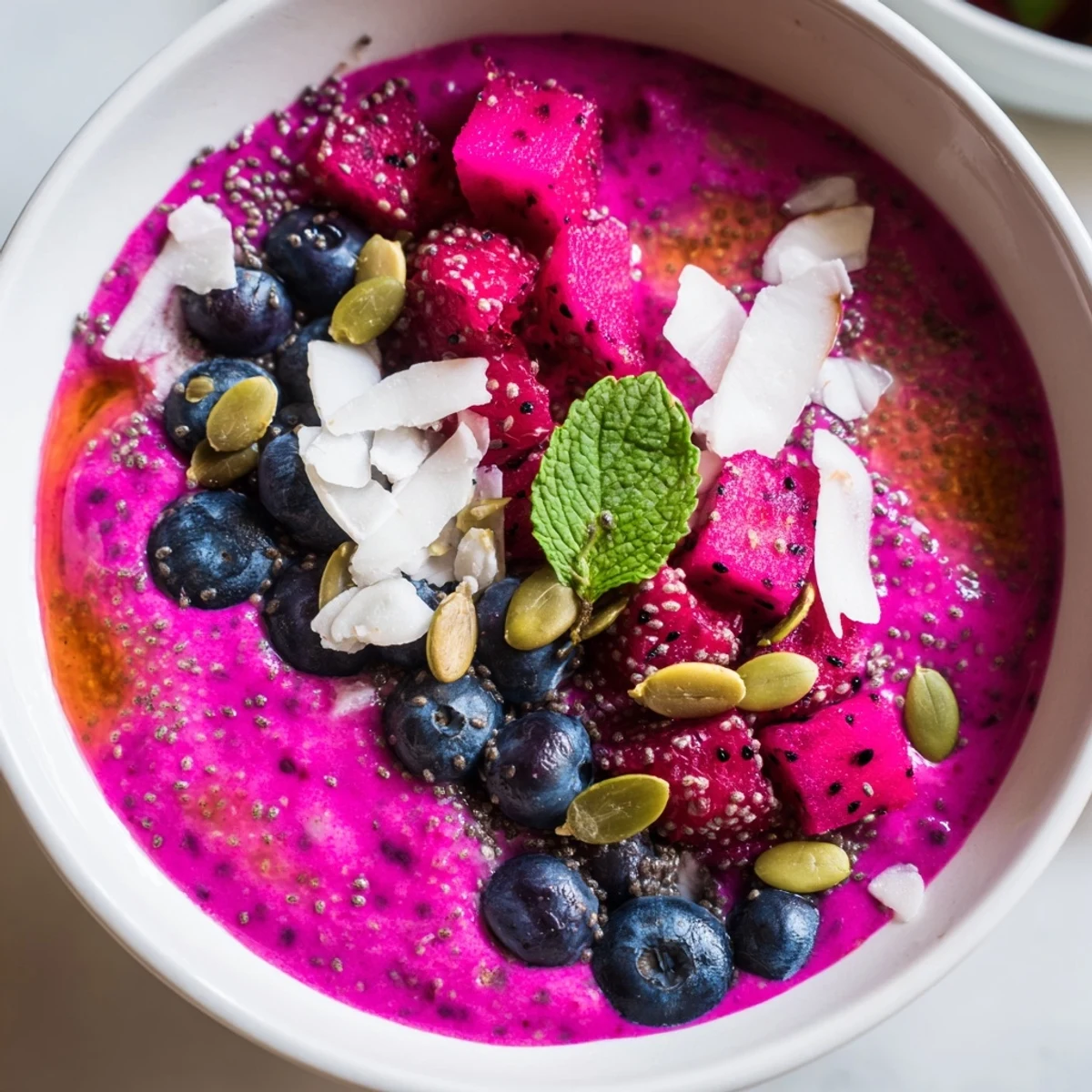 Creamy Dragonfruit Coconut Cardamom Chia Breakfast Bowl topped with fresh tropical fruit