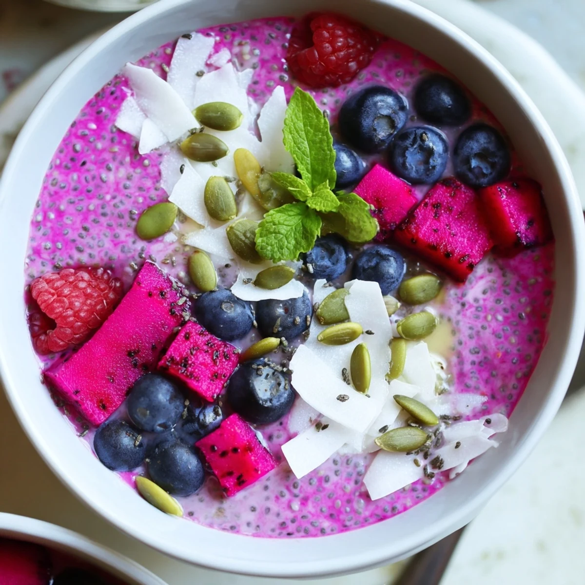 Bright pink dragonfruit crowns this Dragonfruit Coconut Cardamom Chia Breakfast Bowl with toasted coconut
