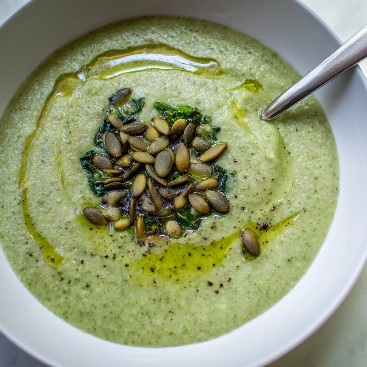 Steaming bowl of creamy roasted broccoli leaf and white bean hearty soup