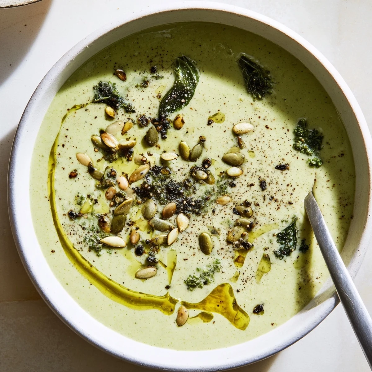 Creamy roasted broccoli leaf white bean soup ladled into a rustic bowl