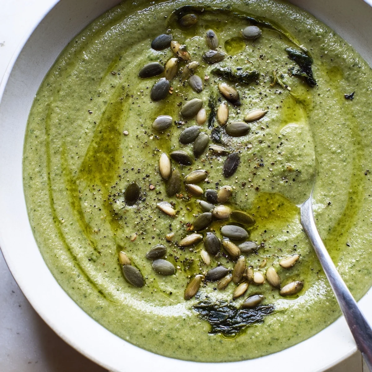 Velvety green broccoli leaf white bean hearty soup topped with toasted pumpkin seeds
