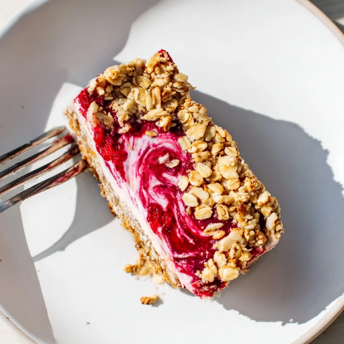 Creamy vanilla cashew layer peeks through golden oat crumble topping with strawberry compote