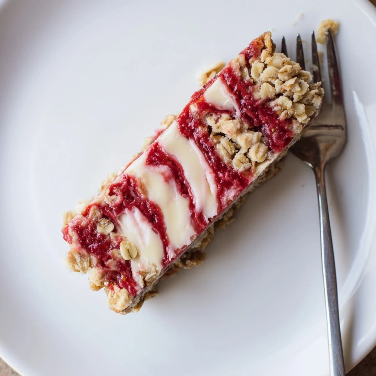 Golden strawberry vanilla cashew cream crumble bars sliced on a rustic cutting board