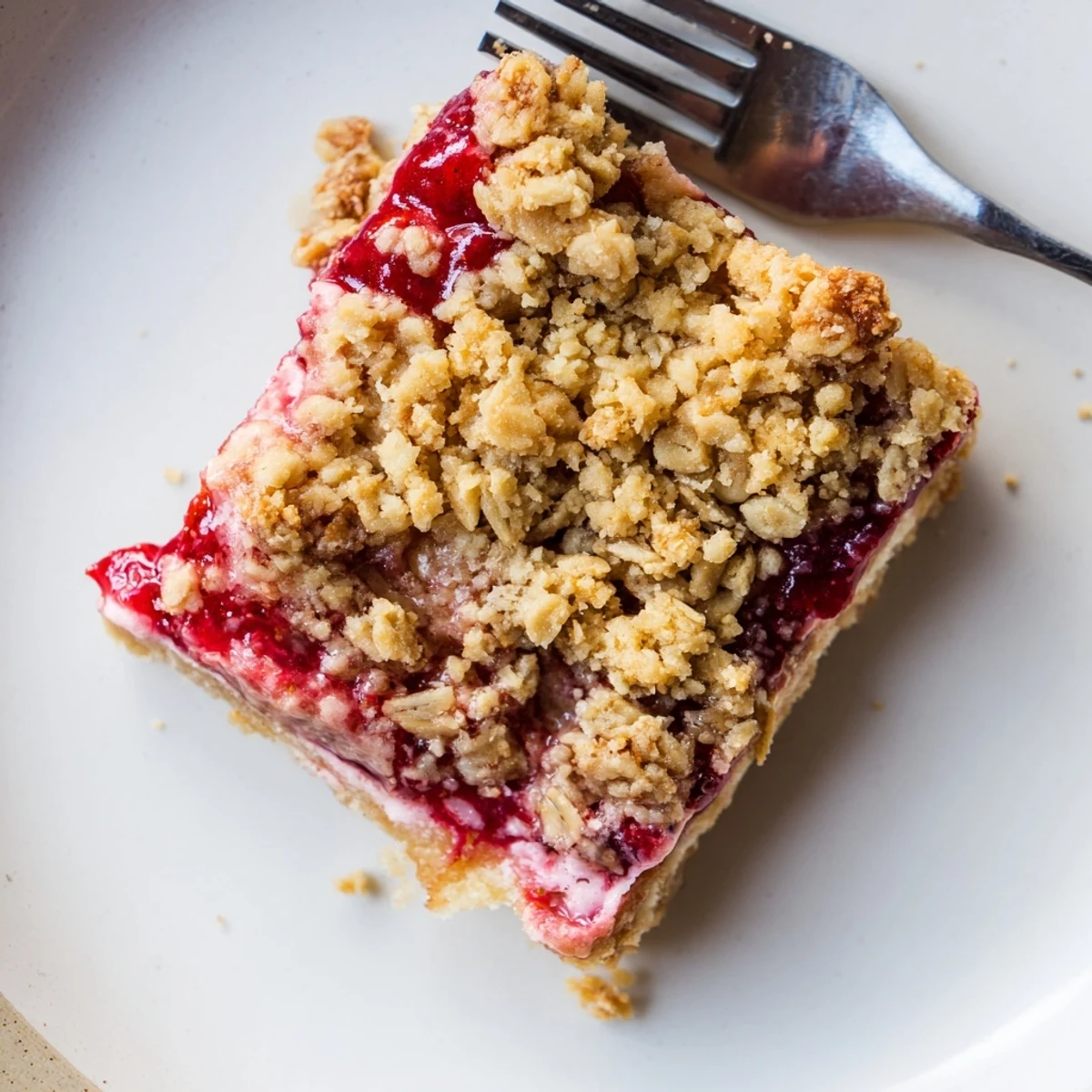Strawberry vanilla cashew cream crumble bars with jewel-toned berry filling and buttery oat topping
