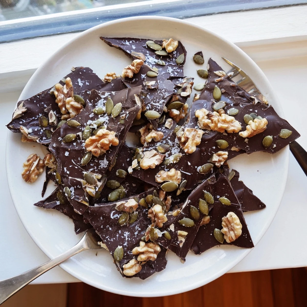 Glossy dark chocolate walnut coconut crunch bark topped with flaky sea salt and toasted coconut