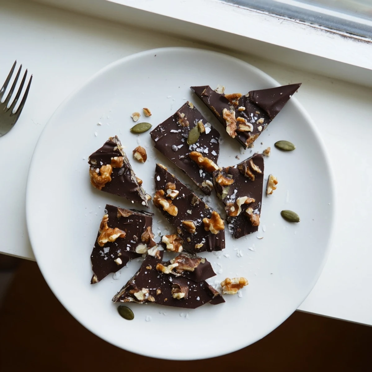 Homemade dark chocolate walnut coconut crunch bark glistening with golden coconut flakes and roasted nuts