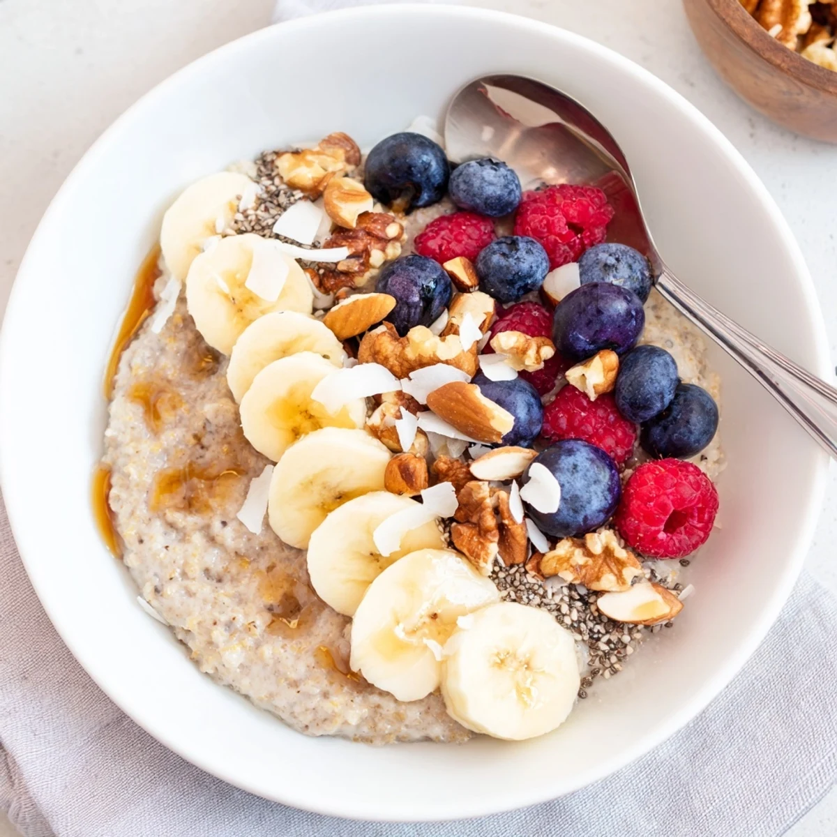 Creamy vanilla cardamom buckwheat porridge topped with fresh berries and toasted nuts