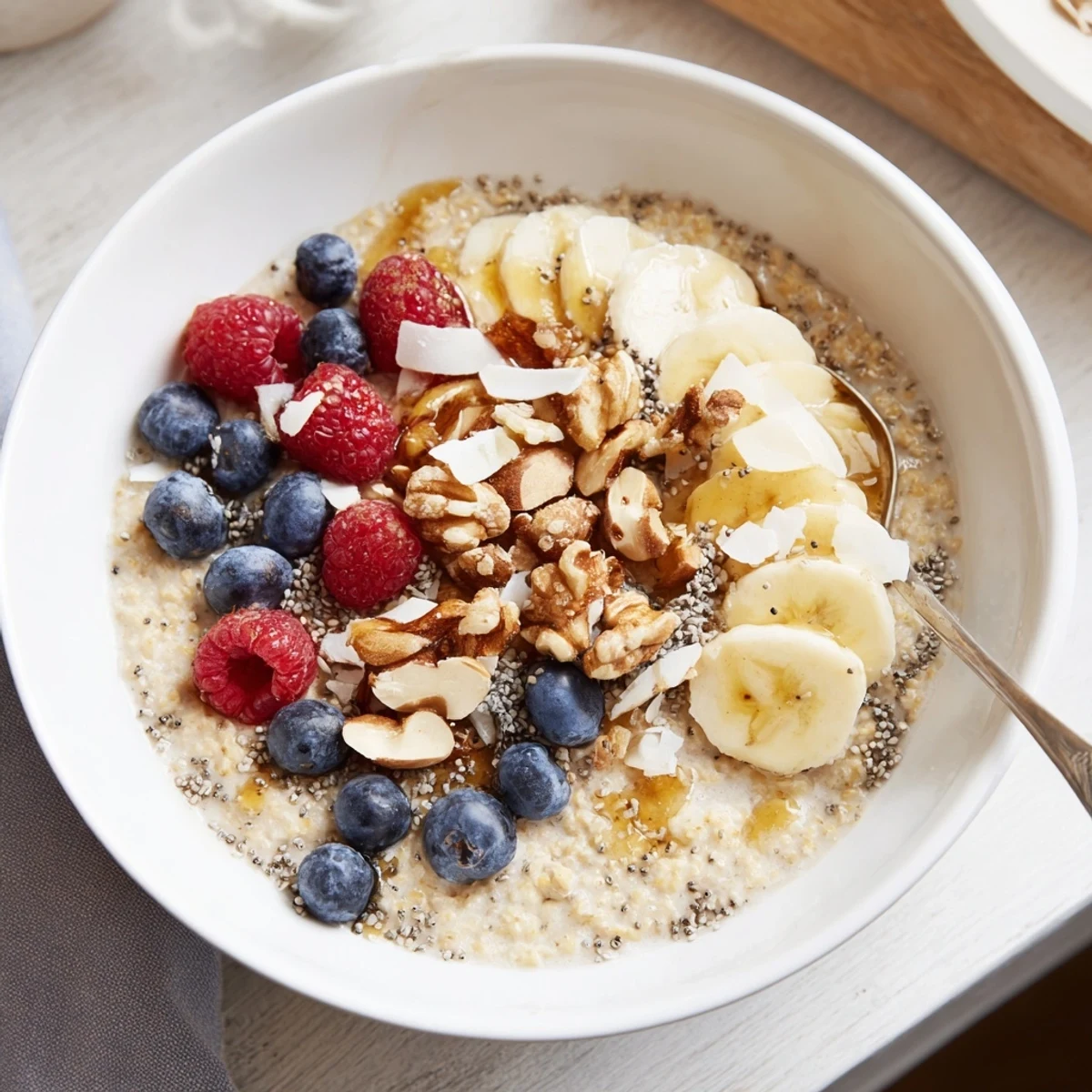 Warm vanilla cardamom buckwheat porridge bowl drizzled with maple syrup and banana slices