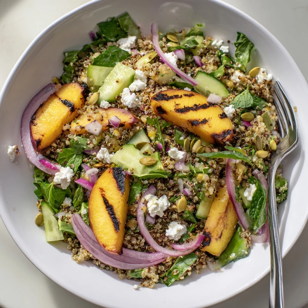 Grilled nectarine chili mint quinoa grain salad topped with crumbled feta and pumpkin seeds