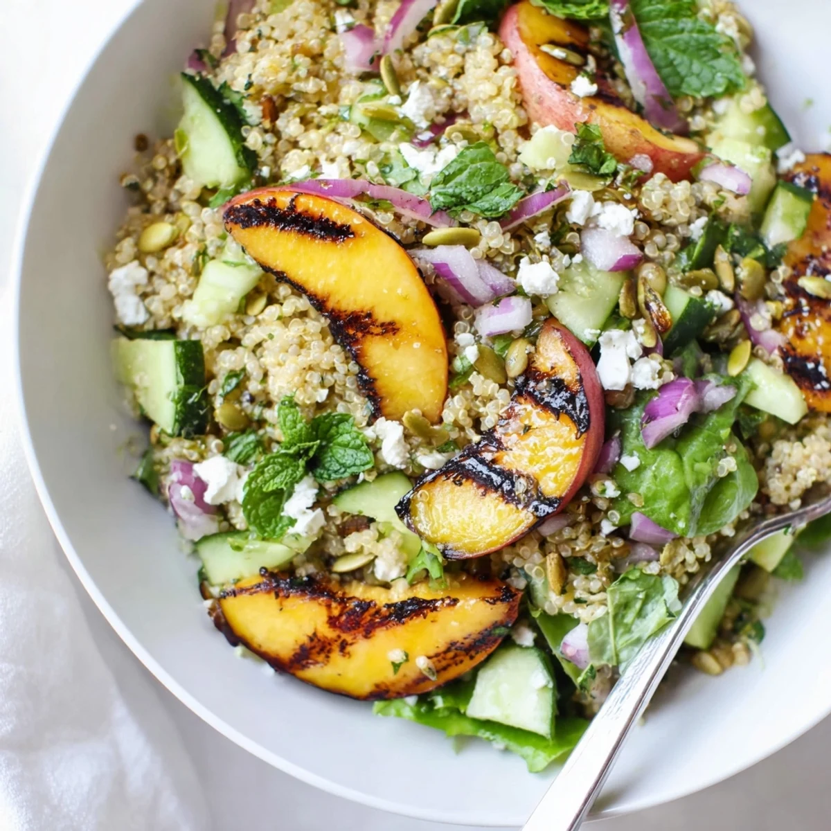 Colorful grilled nectarine chili mint quinoa grain salad served on a rustic summer platter
