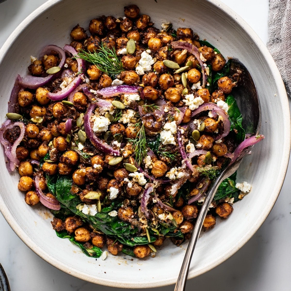 Golden crispy chickpeas and wilted spinach glistening with lemon herb dressing in a breakfast bowl
