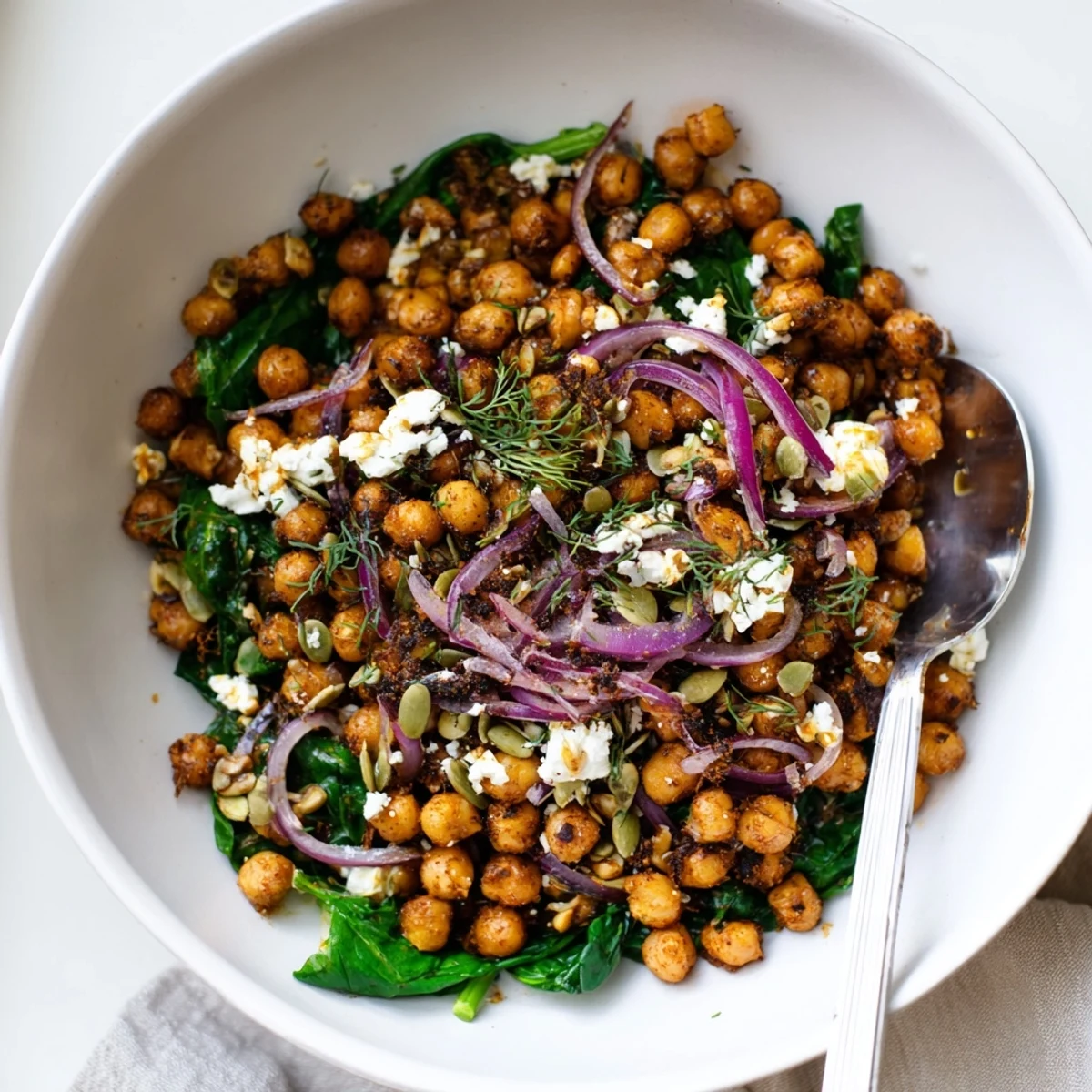Savory lemon herb chickpea and spinach breakfast bowl topped with crumbled feta and pumpkin seeds